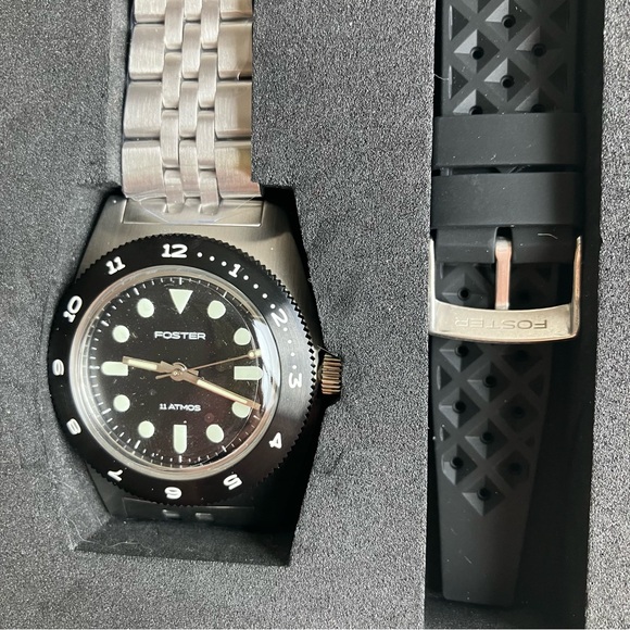 Foster Watch Co 11 Atmos Skin Diver Black Silver Extra Strap Box Academia Preppy - Picture 5 of 12